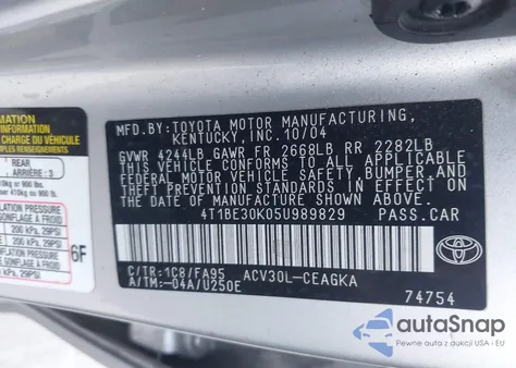 2005 Toyota Camry Xle from USA, damaged, VIN 4T1BE30K05U989829